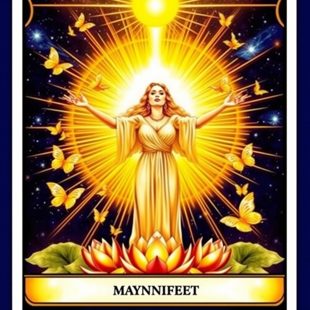 A tarot card depicting a woman in the center of a golden vortex, her arms open wide and a serene expression on her face