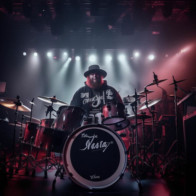 A hefty male metal drummer wearing a hat, with a clear view of his face, and a hoodie with the inscription 'YASA', performing on a grand stage filled with lots of spectators and cool lighting effects.