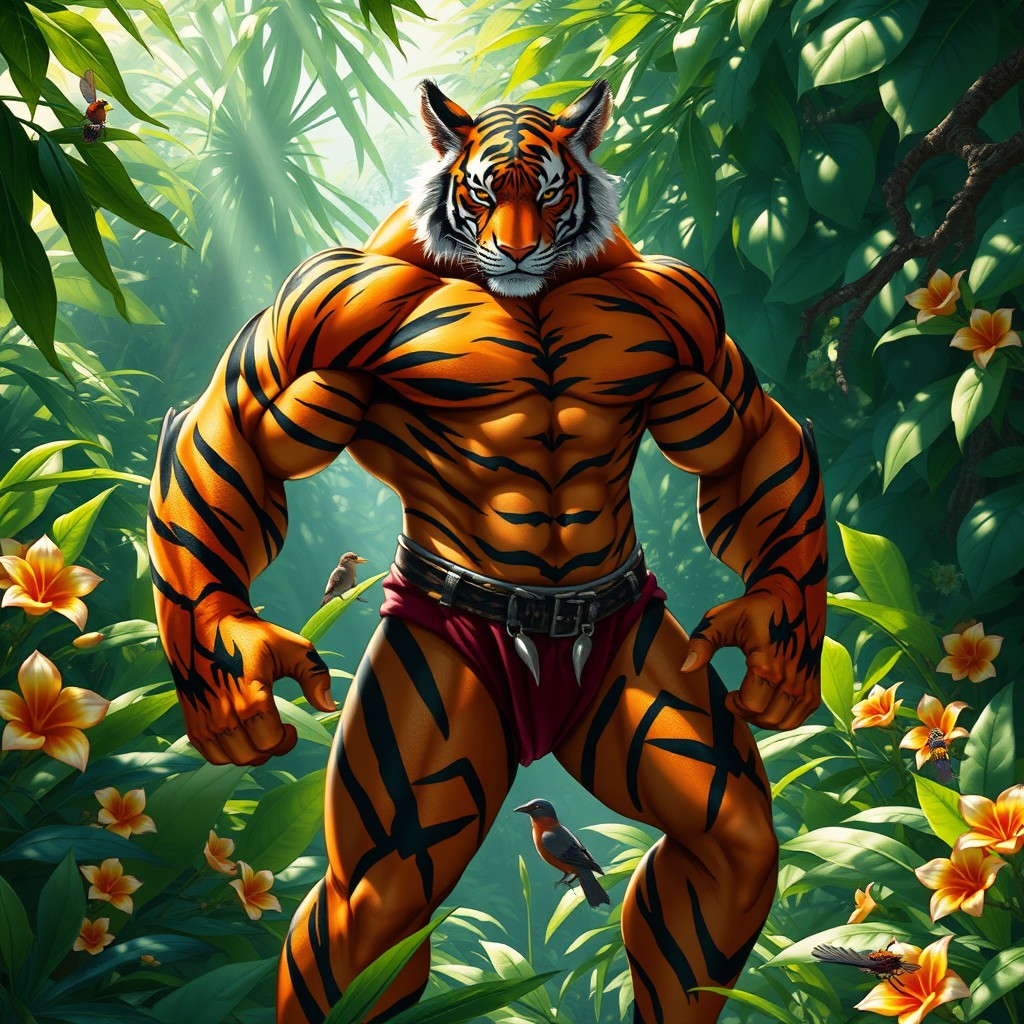 A striking image of a tiger-man hybrid, featuring a muscular humanoid with tiger-like features