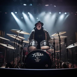 A hefty male metal drummer wearing a hat, with a clear view of his face, and a hoodie with the inscription 'YASA', performing on a grand stage filled with lots of spectators and cool lighting effects.