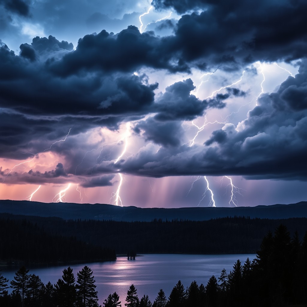 A dramatic lightning storm over a vast landscape, with dark clouds swirling and illuminated by bright flashes of lightning
