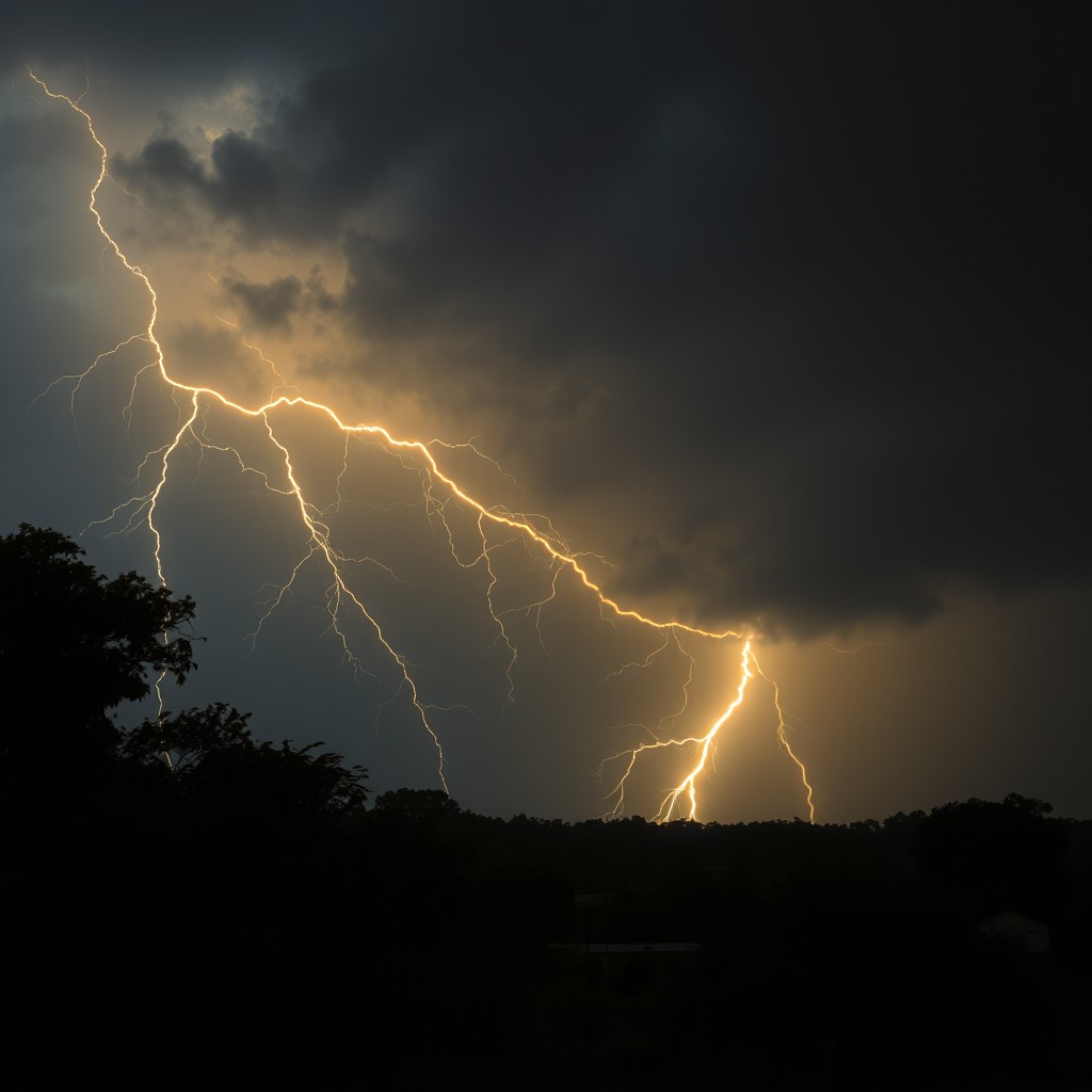 A dramatic scene showcasing bright yellow lightning striking through a dark, stormy sky