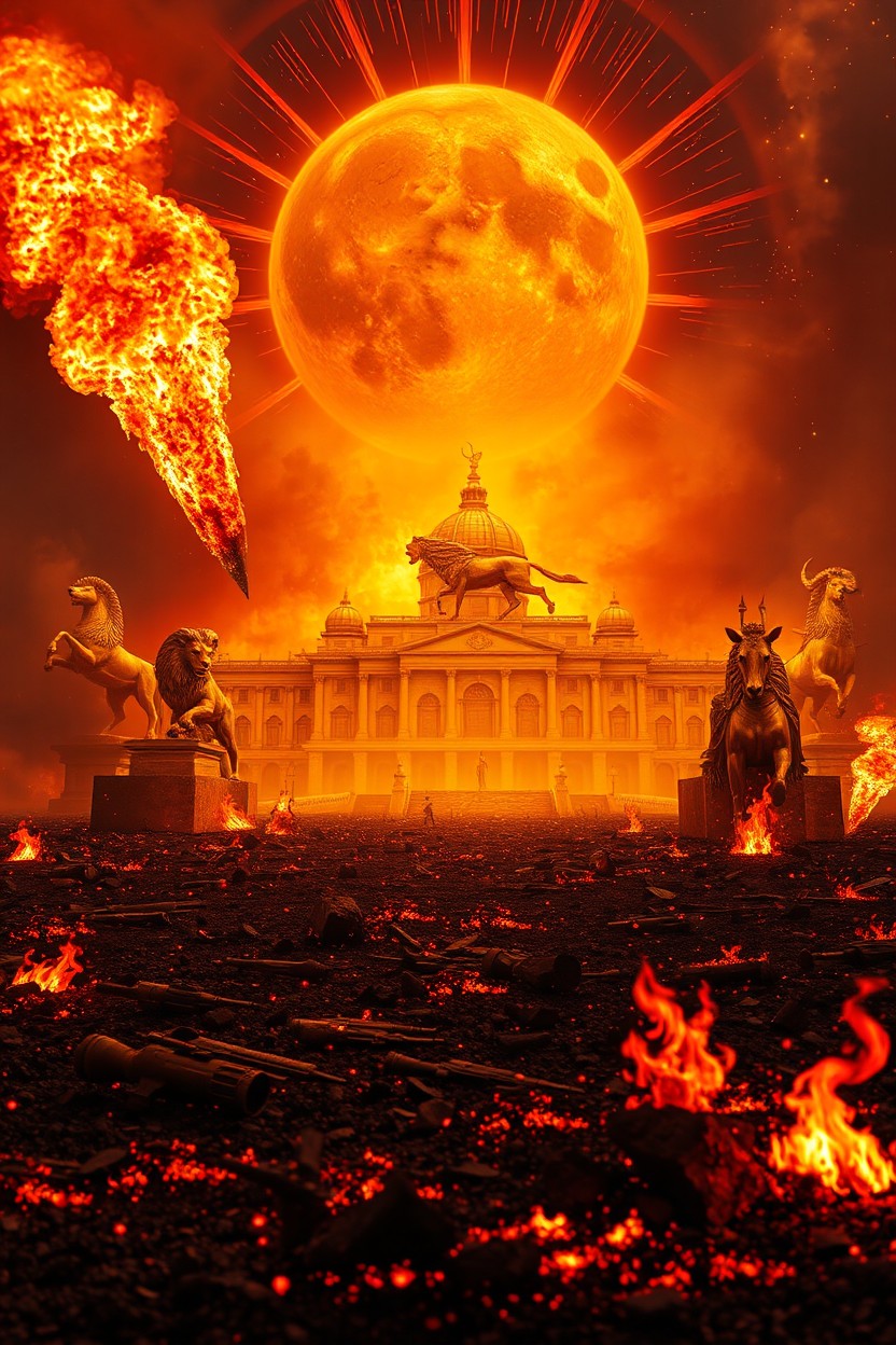 An apocalyptic war scene engulfed in flames, with a charred ground and ashes swirling in the air