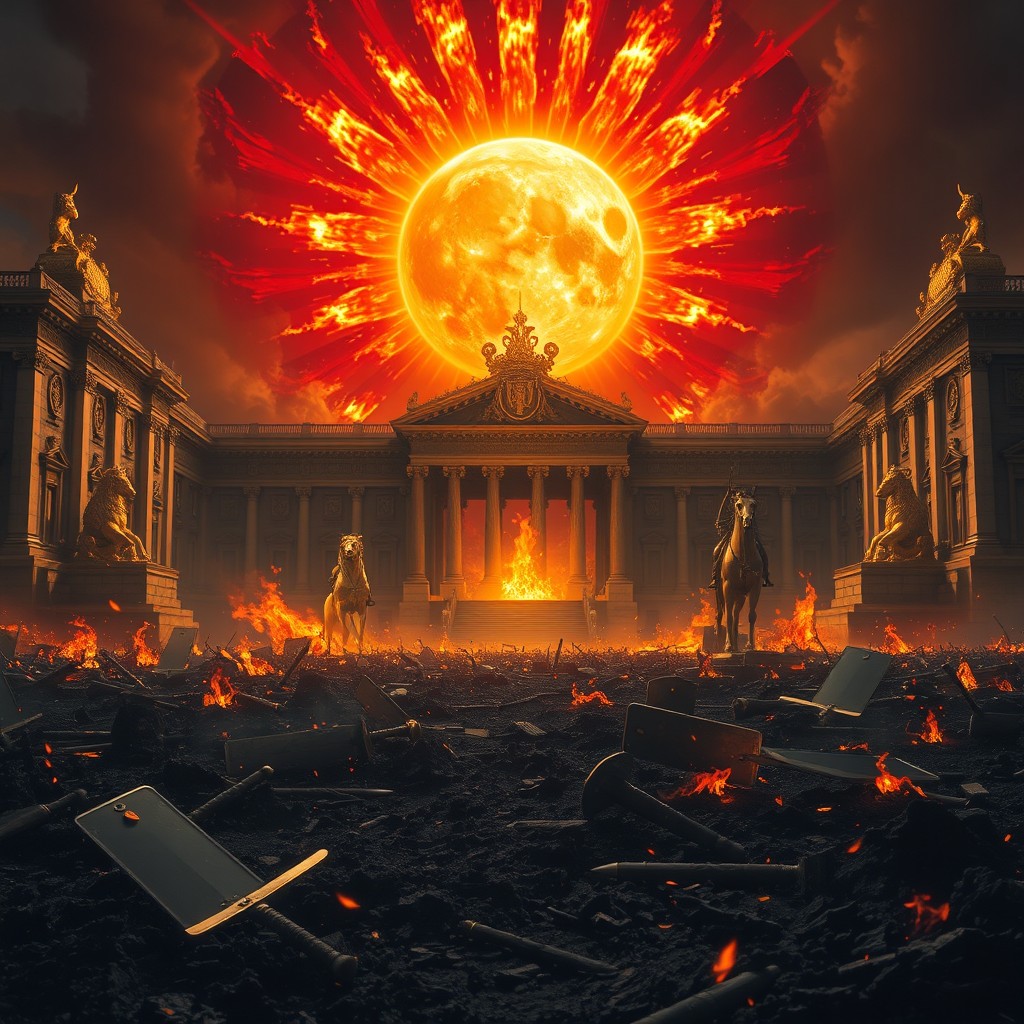 A battlefield in flames, the ground charred with ash flying in the air, scattered destroyed swords and shields across the blackened terrain