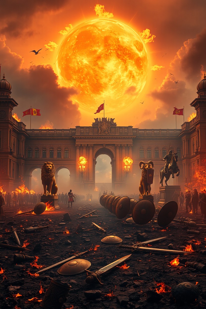A battlefield in flames, with the ground charred and ash flying in the air