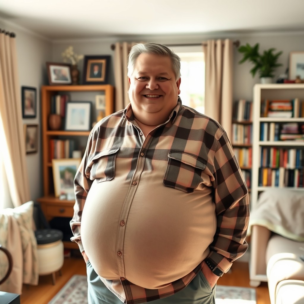 A 53-year-old man with a big round belly, smiling warmly, standing in a cozy living room