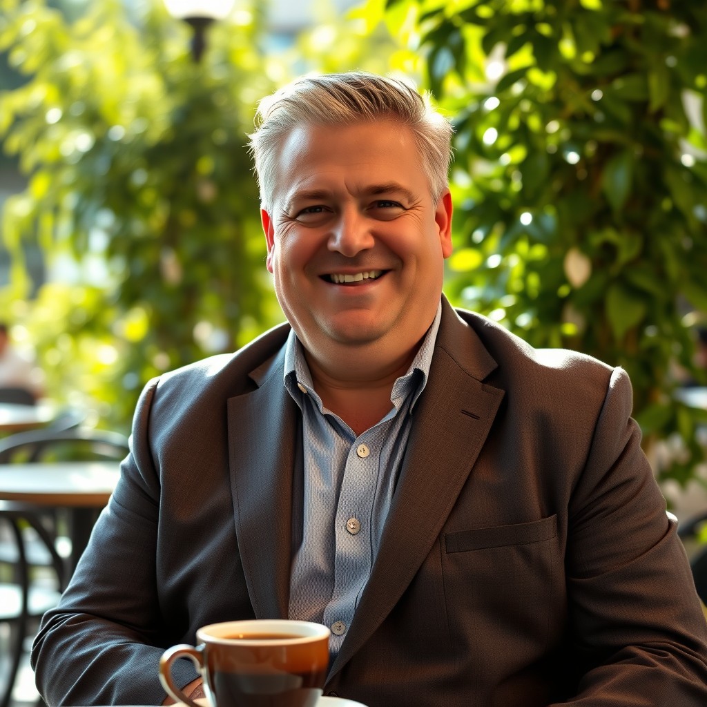 An attractive 53-year-old man with a big round belly, exuding charm and confidence