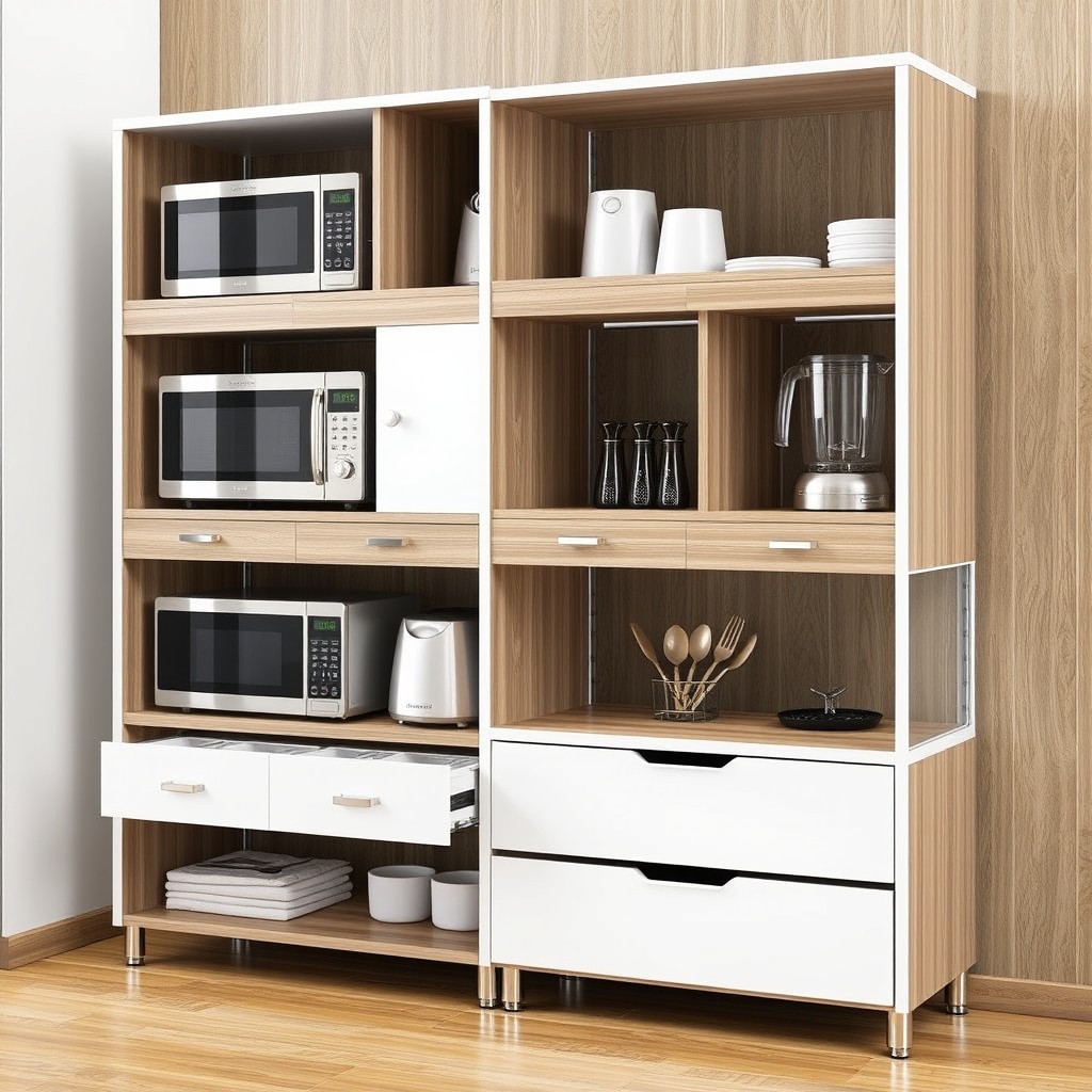 A multifunctional furniture piece designed for stacking kitchen appliances, featuring a sleek, modern design with a combination of wood and metal finishes