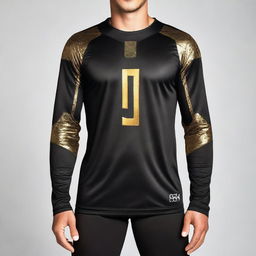 A full sleeve black jersey with shimmering gold accents. The design is sleek and modern, including high-quality fabric and an appealing look.