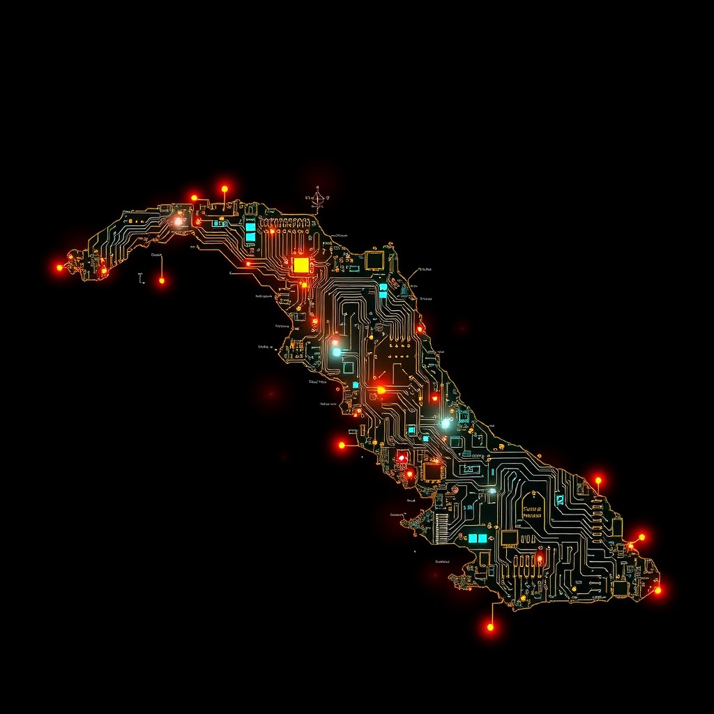 A detailed map of Cuba designed entirely from intricate circuit board patterns and technology motifs, featuring glowing lines and electronic elements that represent the geography of the island