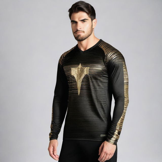 A full sleeve black jersey with shimmering gold accents. The design is sleek and modern, including high-quality fabric and an appealing look.