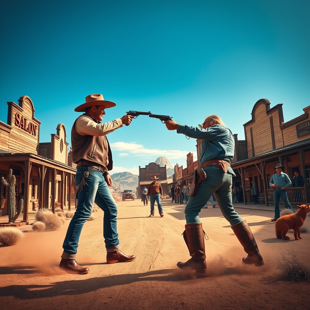 A dynamic scene depicting a classic Western showdown in a dusty old town