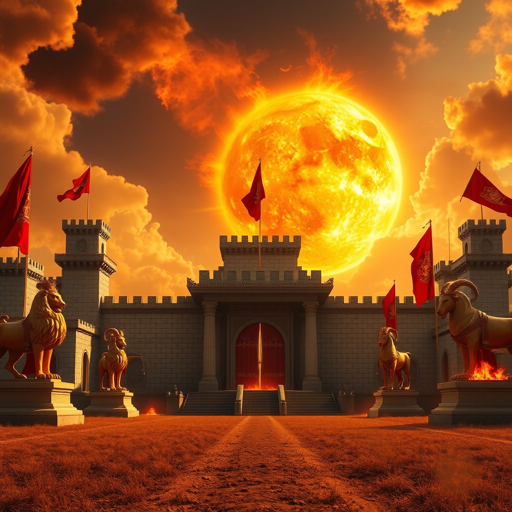 A complete palace exterior with stone walls, tall towers, and red and gold flags with royal crests fluttering in the wind