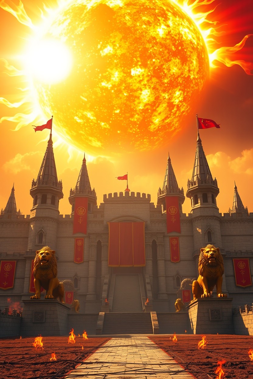 An expansive view of an elaborate palace exterior: stone walls, towering spires, and regal red and gold banners with royal crests fluttering in the wind