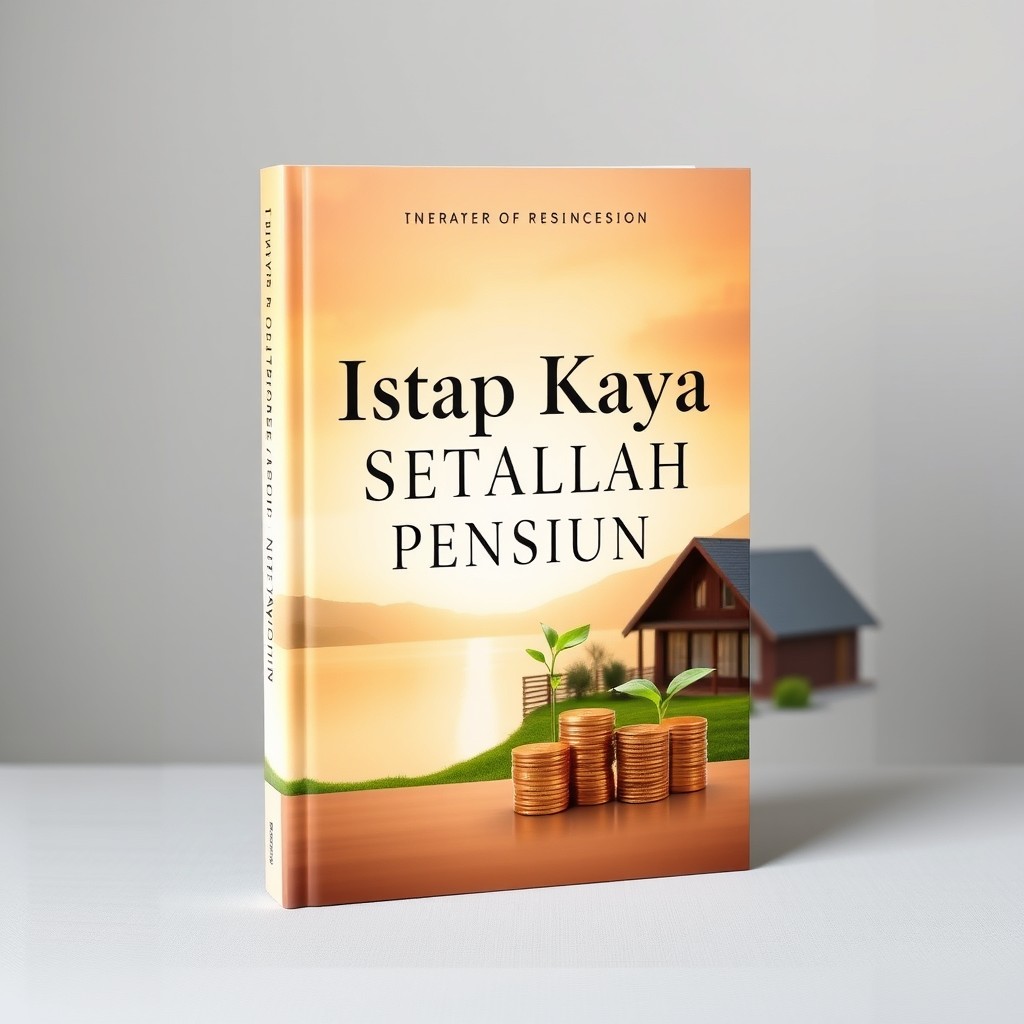 A visually appealing book cover design featuring the title 'Tetap Kaya Setelah Pensiun' prominently displayed in bold and elegant typography
