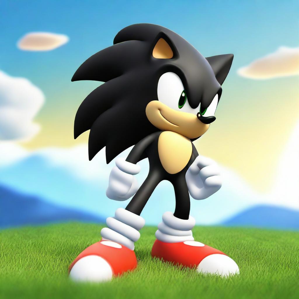 A black version of Sonic the Hedgehog, standing confidently on a grassy hill against a bright sky.