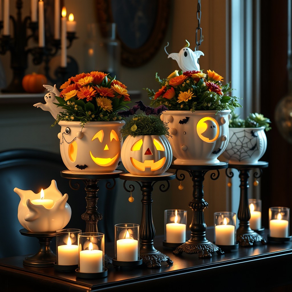 A collection of white decorative planters designed for Halloween, elaborately adorned with spooky motifs such as ghosts, pumpkins, and cobwebs, sitting elegantly atop ornate black candle holders