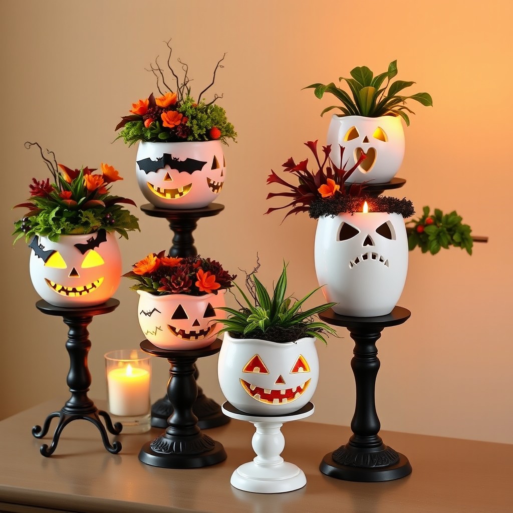 A collection of white decorative planters designed for Halloween, intricately adorned with spooky designs such as bats, jack-o'-lanterns, and eerie faces, all beautifully positioned on elegant black candlesticks