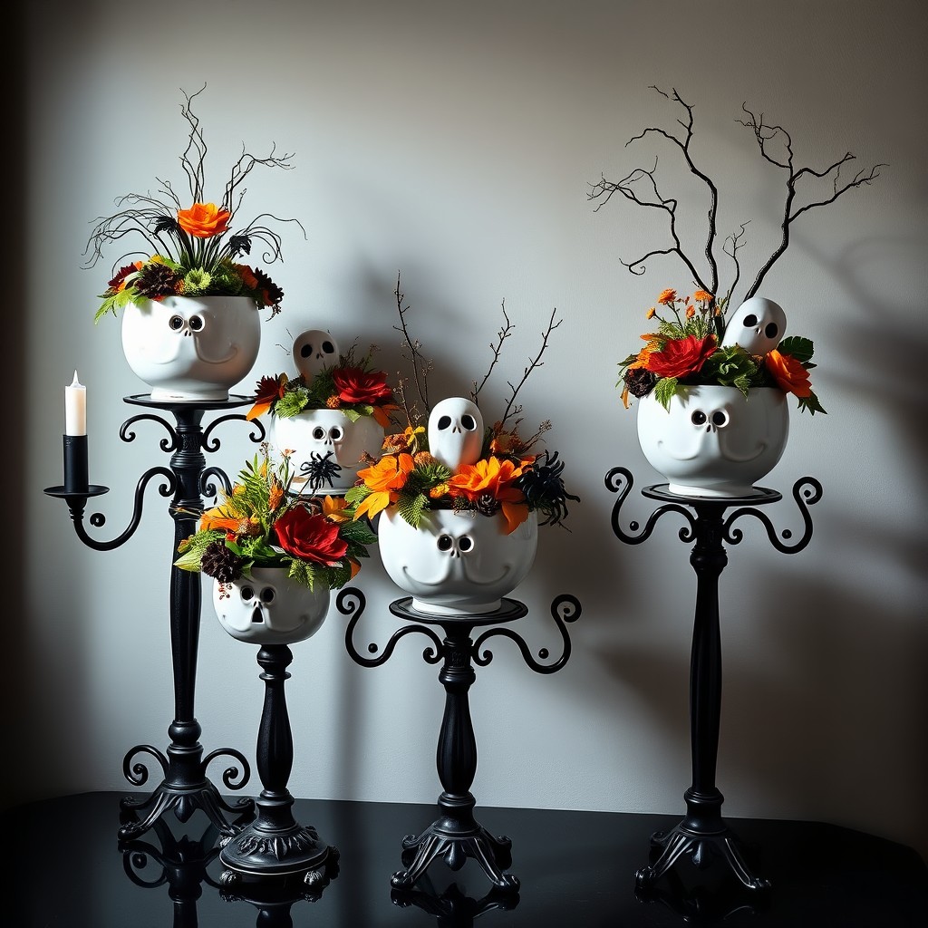 A beautiful arrangement of white decorative Halloween-themed planters, creatively adorned with motifs like spooky spiders, pumpkins, and ghosts, expertly placed on elegant black candelabras