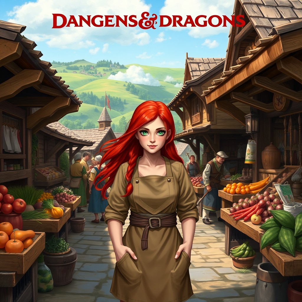 A fantasy scene featuring a Dungeons and Dragons village, showcasing a vibrant marketplace