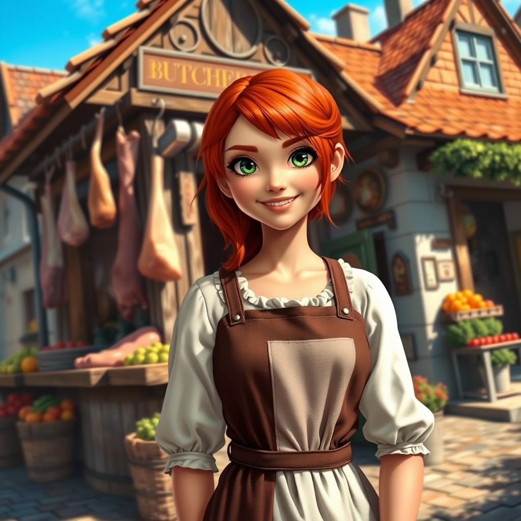 A realistic depiction of a village scene featuring the butcher's daughter, a captivating young woman with striking red hair and bright green eyes