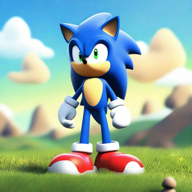 A black version of Sonic the Hedgehog, standing confidently on a grassy hill against a bright sky.