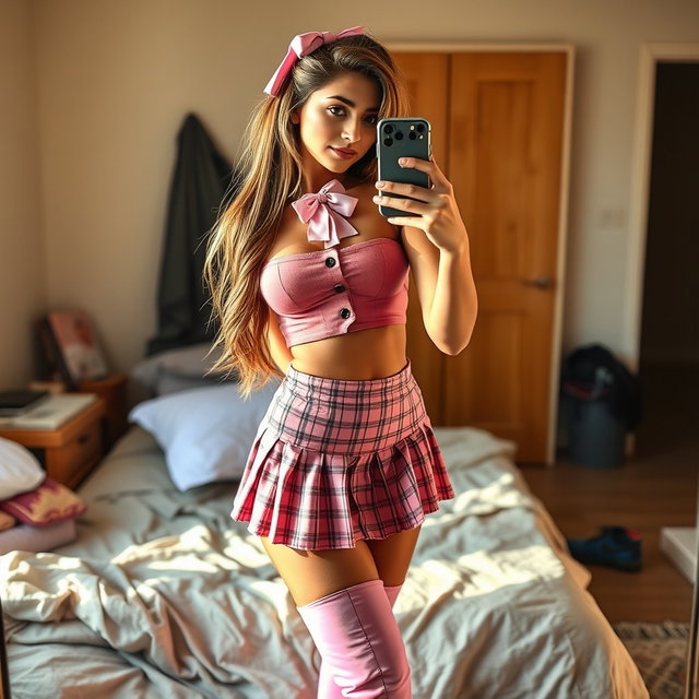 A gorgeous 18-year-old Arabic woman with a stunningly thin and skinny figure featuring large breasts, a tiny waist, and very wide hips