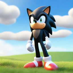 A black version of Sonic the Hedgehog, standing confidently on a grassy hill against a bright sky.