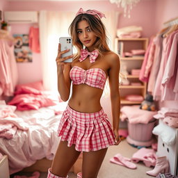 A gorgeous 18-year-old Arabic woman with a stunningly thin and skinny figure characterized by large breasts, a tiny waist, and very wide hips