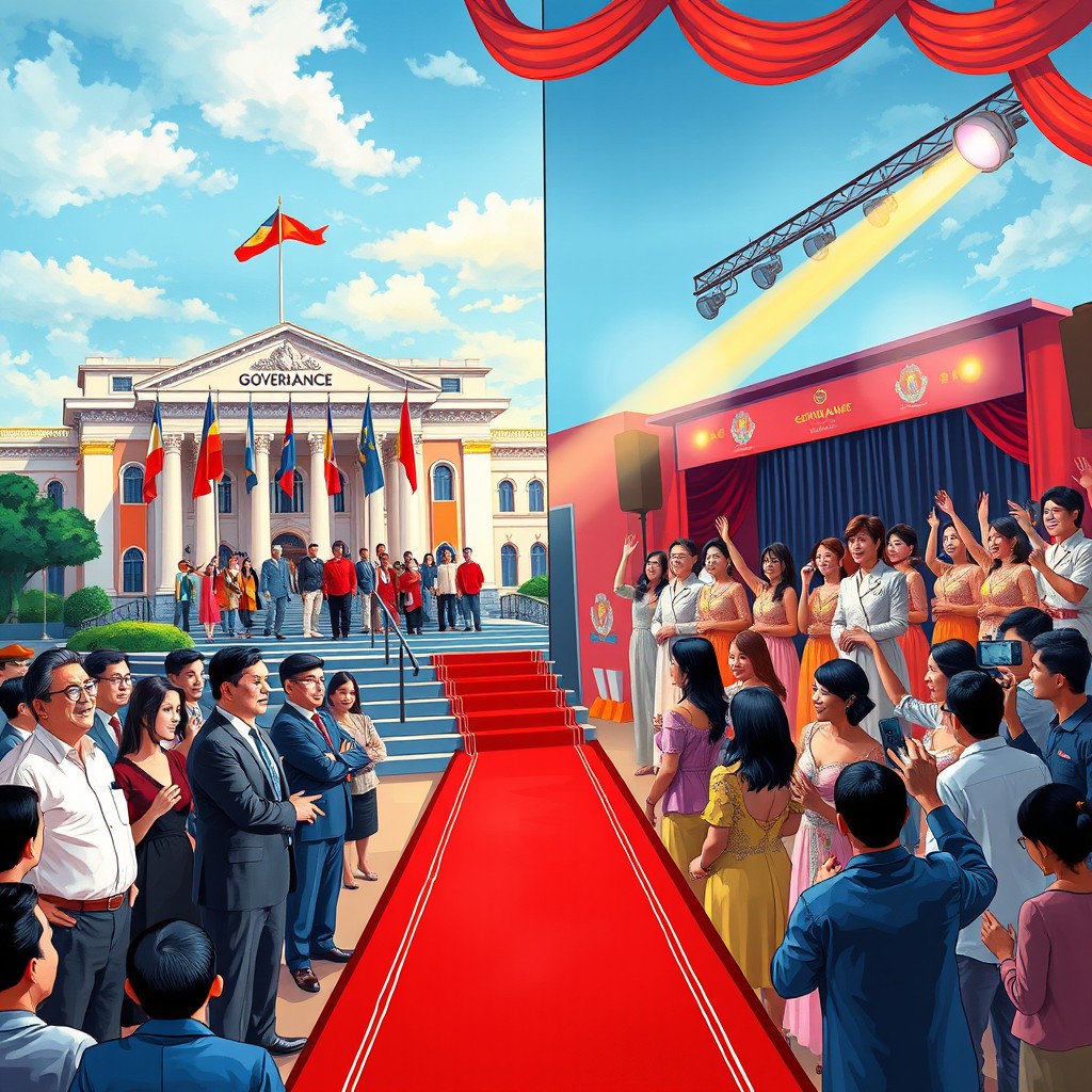A vibrant scene depicting the contrast between governance and show business in Philippine politics