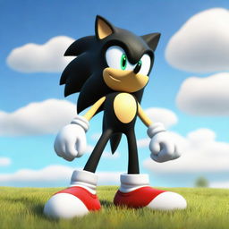 A black version of Sonic the Hedgehog, standing confidently on a grassy hill against a bright sky.