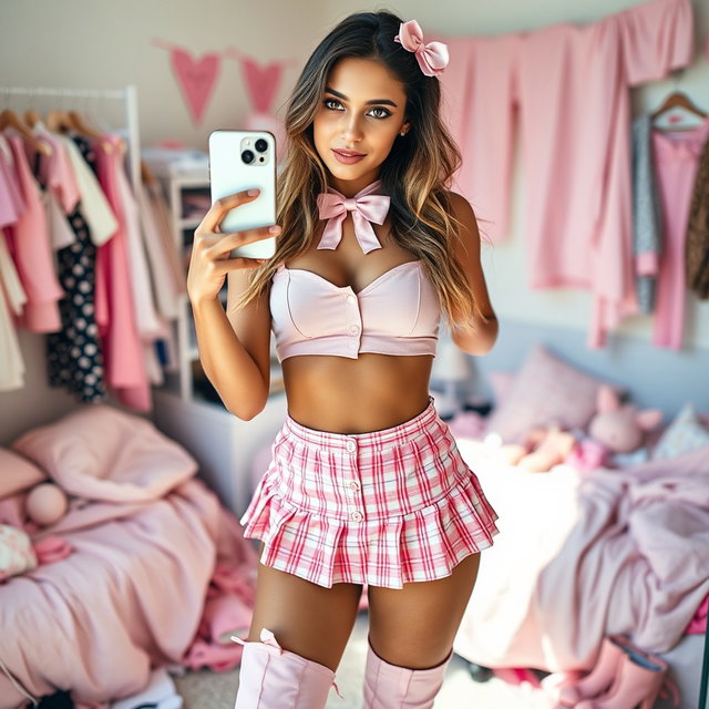 A gorgeous 18-year-old Arabic woman with a stunningly thin and skinny figure, featuring large breasts, a tiny waist, and very wide hips