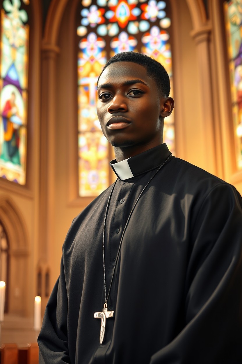 A young male African Catholic priest standing confidently in a beautiful church setting
