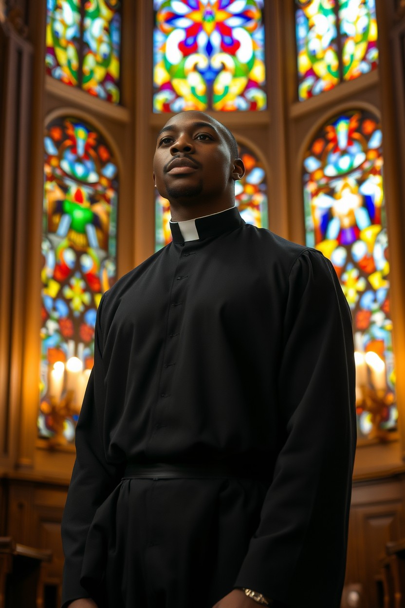 A young male African Catholic priest standing in a church, captured in a mid shot