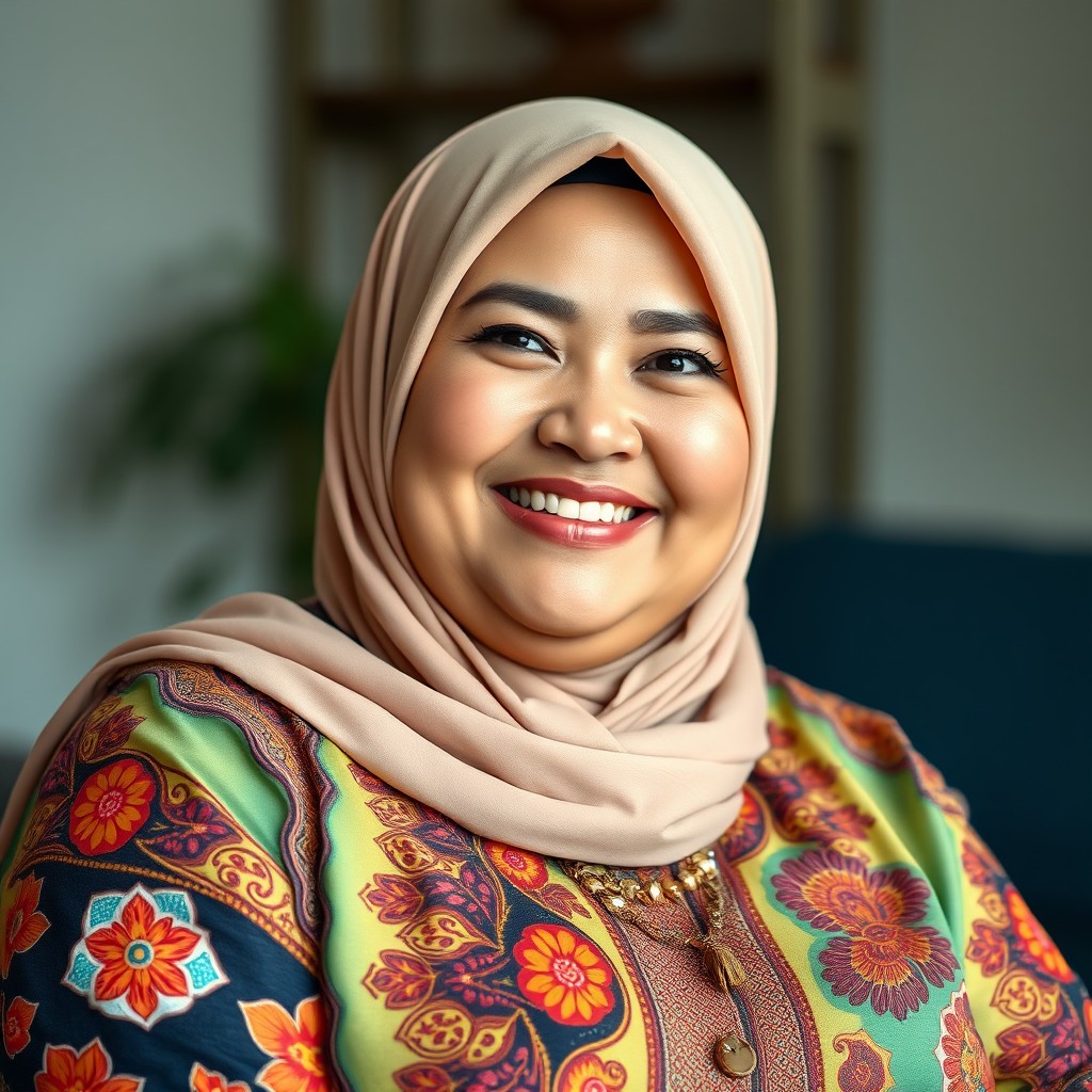 A portrait of a beautiful and charming female mayor from Padang, Indonesia, depicted with a plus-size body, sitting gracefully while wearing a stylish hijab