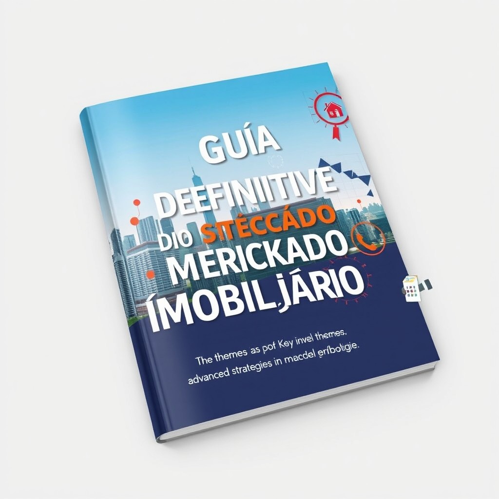 A detailed guidebook cover for 'Guia Definitivo do Mercado Imobiliário', vividly illustrating the core themes of real estate investments