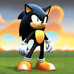 The black version of Sonic the Hedgehog, now with vibrant orange rings adorning his gloves, standing confidently on a grassy hill against a bright sky.