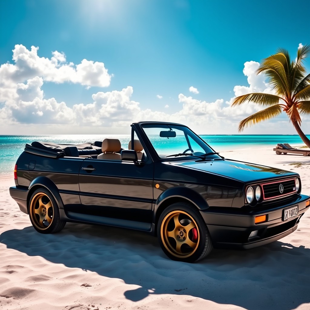 An incredible Volkswagen Golf Cabrio MK3 in sleek black, featuring olive-colored wheels, parked with the roof down and windows up