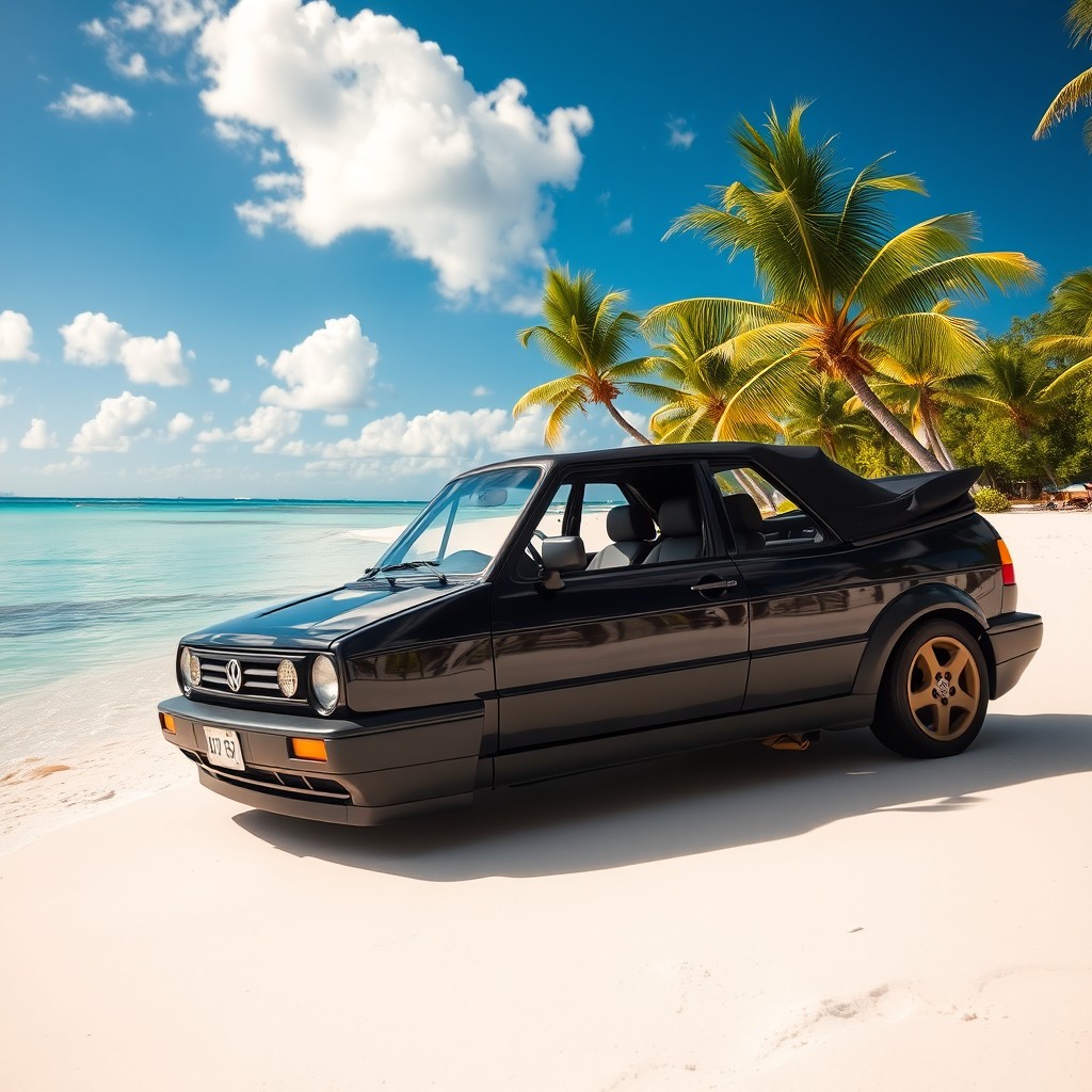 An incredible image featuring a classic 1995 Volkswagen Golf Cabriolet in black with a sleek black interior, showcasing olive-colored wheels