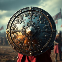 A detailed and artistic representation of a front view of a soldier's shield, featuring intricate designs and patterns