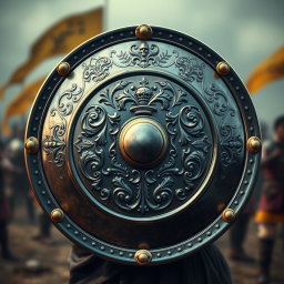 A detailed and artistic representation of a front view of a soldier's shield, featuring intricate designs and patterns