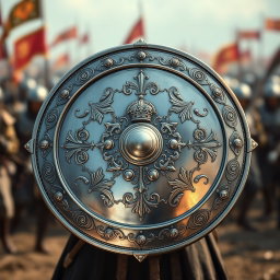 A detailed and artistic representation of a front view of a soldier's shield, featuring intricate designs and patterns