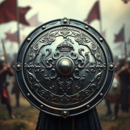 A detailed and artistic representation of a front view of a soldier's shield, featuring intricate designs and patterns