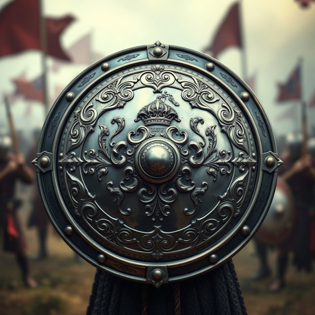 A detailed and artistic representation of a front view of a soldier's shield, featuring intricate designs and patterns