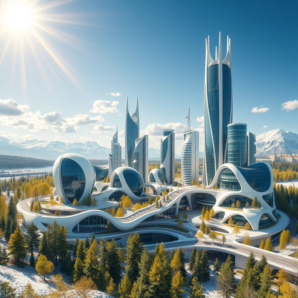 Create a modern futuristic city design set against the beautiful backdrop of Siberian nature
