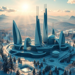 Create a modern futuristic city design set against the beautiful backdrop of Siberian nature