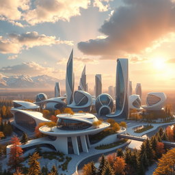Create a modern futuristic city design set against the beautiful backdrop of Siberian nature
