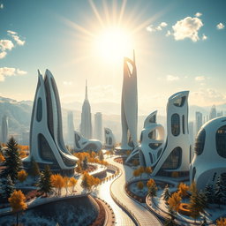 Create a modern futuristic city design set against the beautiful backdrop of Siberian nature
