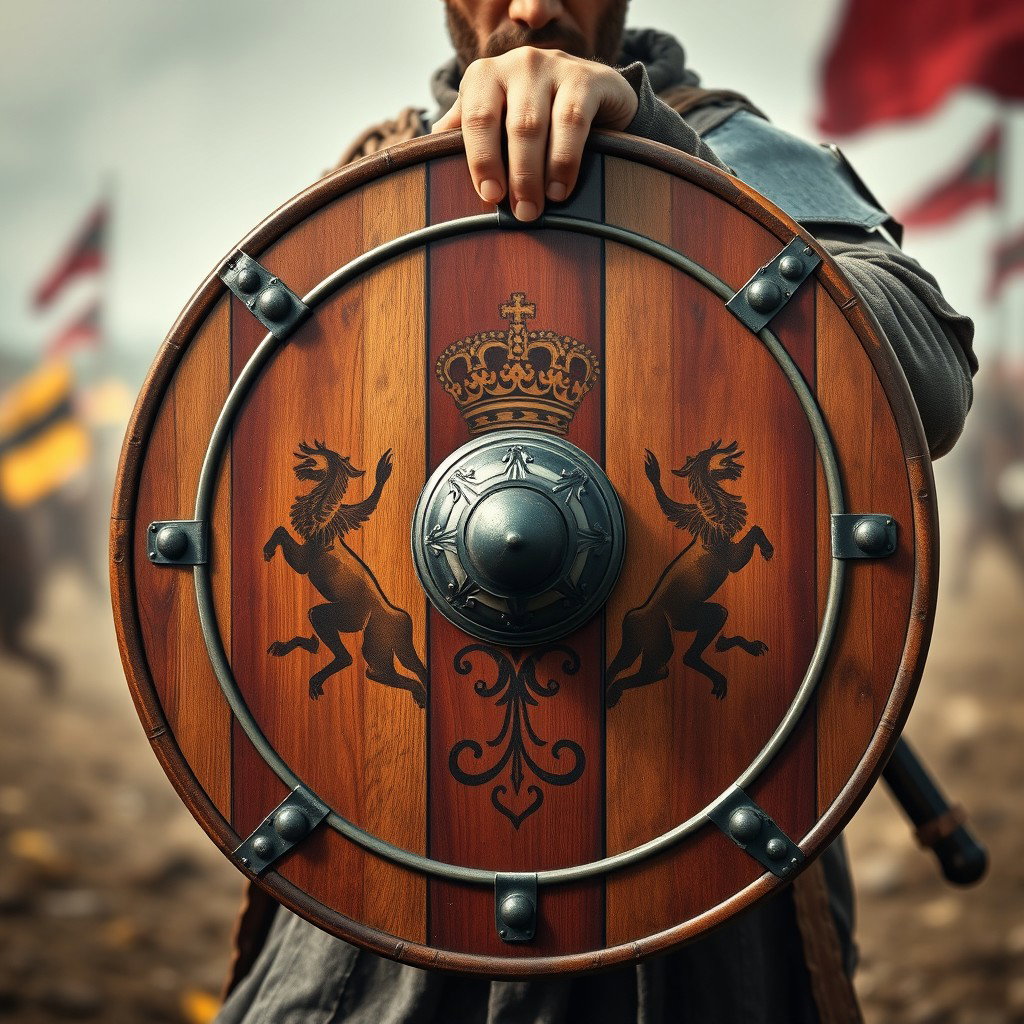 A striking front view of a battle shield carried by a soldier, showcasing a robust and traditionally designed shield