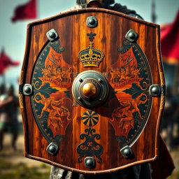 A striking front view of a battle shield carried by a soldier, showcasing a robust and traditionally designed shield